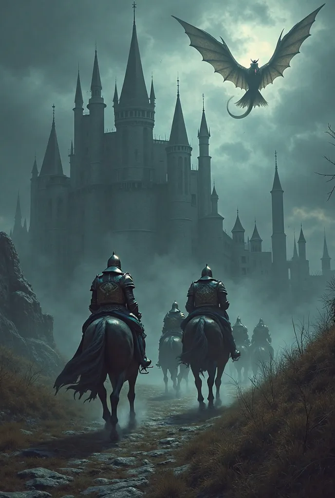 Fantasy, Retro,Dark Fantasy, Sinister castle looms in the distance,Knights riding horses toward the castle, Dragons breathing fire, Stormy sky, Overcast, Gloomy