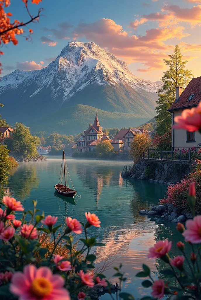 a small village by the river, mountains in the background, floral flowers colorful, detailed landscape, Beautiful natural landscapes, atmospheric lighting, scorching sunset, warm colours, practical, photopractical, Detailed Foliage, complex buildings, cobb...