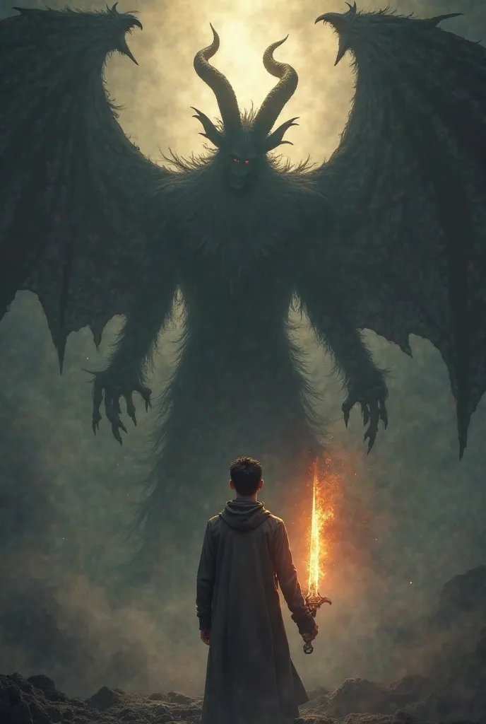 Create an image of a 20-year-old young man viewed from behind, standing confidently as he faces a giant demon made of shadows and dark energy. The young man appears determined, gazing up at the ominous figure. At his right hand, a radiant Sword with divine...