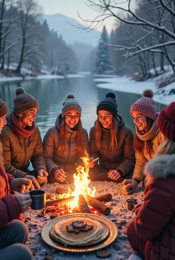 A group of tourists stand on the riverbank by a campfire on a sunny winter day laughing pancakes, it's snowing 