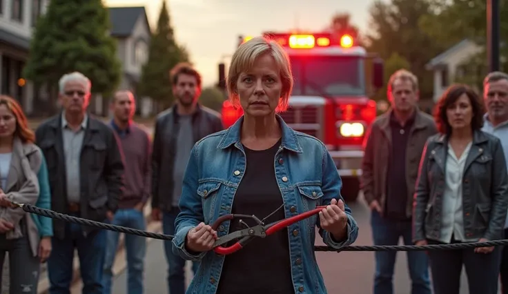 dramatic suburban street scene at sunset, featuring a determined middle-aged woman with short blonde hair wearing a blue denim jacket over a black shirt. She stands in the foreground with a serious, defiant expression, gripping a large pair of cable cutter...