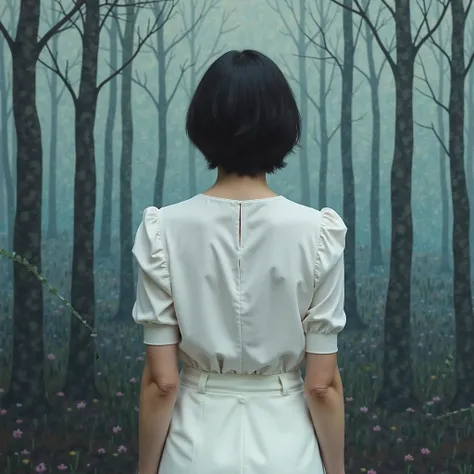 The image shows a woman standing with her back to the viewer. She is wearing a white blouse and skirt. Her hair is short and black. The woman is in front of a background depicting a forest, painted in an artistic style. The forest consists of tall trees wi...