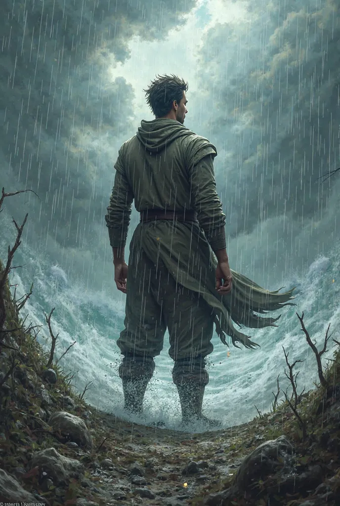 Imagine an image of a person standing tall against a powerful storm, with winds and rain pushing against them, but they remain unshaken, eyes filled with determination.