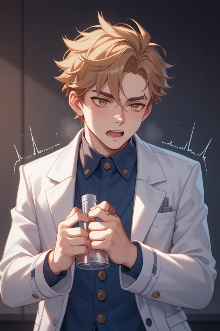 A young handsome man with Disheveled ash-blond hair, sharp hazel eyes with dark circles from sleepless nights, lean frame hidden under a stained lab coat. His hands are often gloved, fingers twitching with restless energy. A faint scar runs diagonally acro...