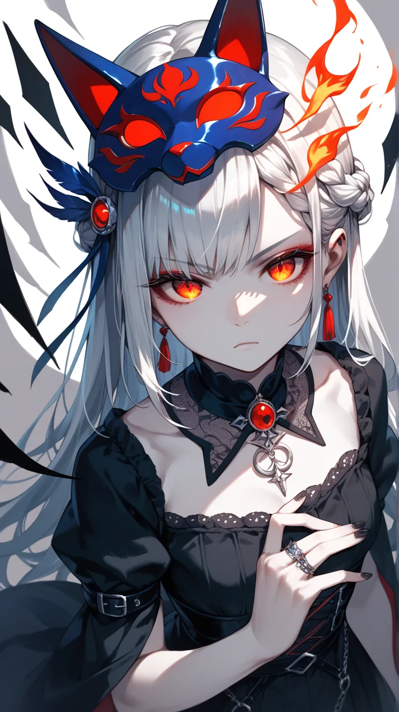 high resolution, 1 girl, Wearing a gothic, wearing a blue fox mask., Fiery red-eye star, Silhouette, Ring on the head, Wide angle view,  serious,  dark face , emotionless face,, Silver hair, French braid,White skin,