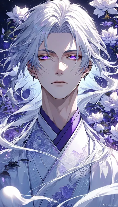 "A hyper-detailed, ultra-HD anime-style illustration of a male character with long, flowing silver hair, depicted with silky highlights and lifelike texture. His piercing eyes glow with a mesmerizing mix of deep violet and icy blue, exuding deep sorrow and...