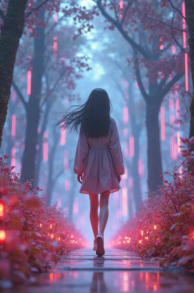 Create a 23-year-old girl, walking in a park, rendered 3D Ureal Engine, 4k, photorealista, holographic, ethereo, glowing neon lights, Akira Toriyama Dragon Ball Daima