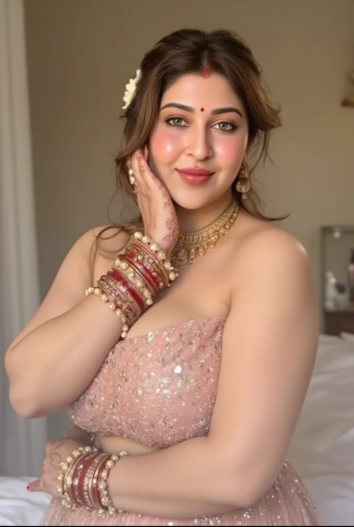 Indian beautiful woman sexy bhabhi, Copper colour strapless Sleeveless blouse,very deep cleavage,curvy plus size model wearing transparent white pink floral color saree ,Copper colour satin glossy strapless sleeveless blouse, plenty of red and white bangle...