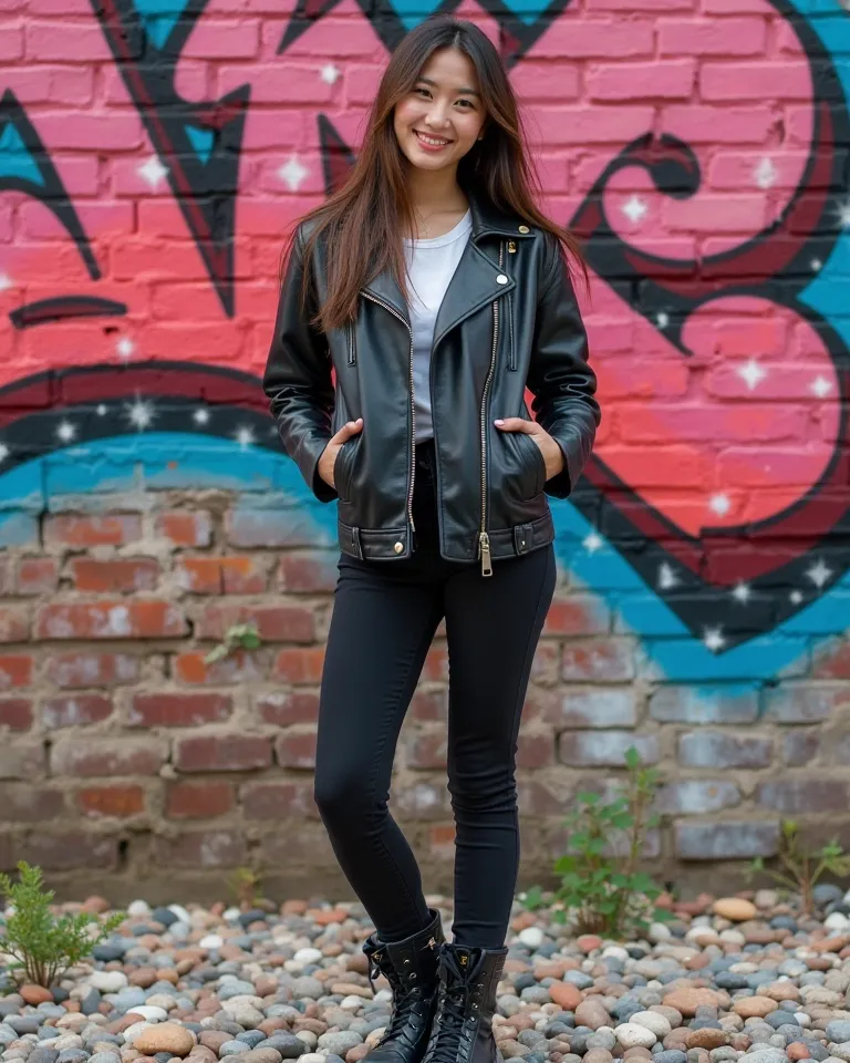 A beautiful young woman with a sweet smile from Indonesia wearing a black leather jacket tight black pants wearing black boots is standing a string on a colorful pebble stone while stylizing a brick wall background with red blue pink graffiti 