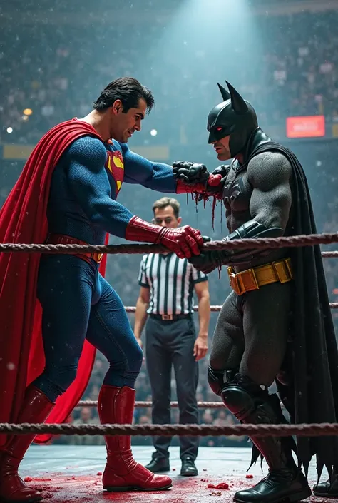 Inside a wrestling ring, Superman aggressively kicks and punches Batman, causing him to much bleeding . Batman's face shows fear as he struggles to defend himself. In the middle, Spider-Man, dressed as a referee, watches closely, ready to intervene