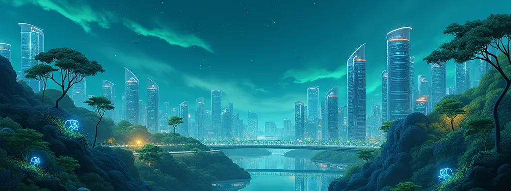 Teal， cityscape，Skyline，Full range projection，Glowing plants，night