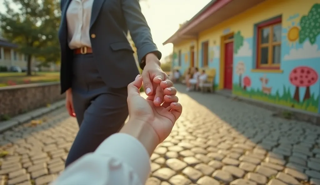 First-person view of a mother, shot with a Canon AE-1, seen from the 's perspective. The mother's hand is softly holding a little hand, slightly blurred in the foreground, her nails neatly manicured with light pink polish. She wears a professional secretar...