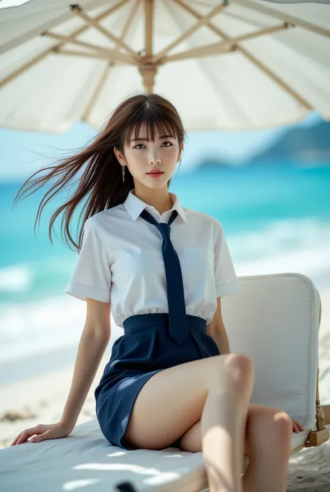 Sexy beautiful Japanese woman, a self defense officer uniform, wearing a white short-sleeved shirts, navy blue tie, navy blue pencil skirt, Black patent high heels, beautiful hip-line, Beautiful thighs, a Woman lying on sun lounger one knee up, A woman's h...