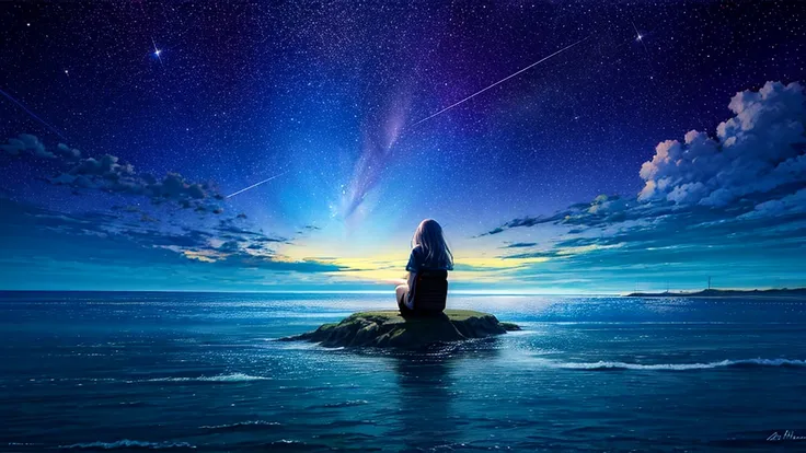 超HD, HD, high quality ,壮観なscenery,octans, null, 満天の星null, scenery, 星null,  night , 1 girl,  night null,  shooting star, the Milky Way Galaxy covering the entire sky, 海に夜nullが映っている,is sitting, tree,  long hair,  silhouette , A lot of plankton is shining blu...