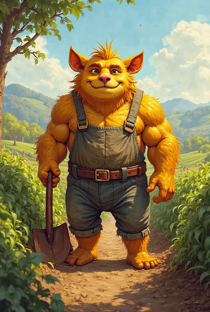 A yellow color guy working in the fields with a shovel in his hand