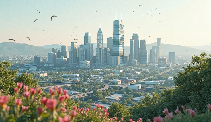 (photorealism:2.2), cats-eye-view of the real city of Springfield Illinois made more modern and structured and advanced, shorter buildings, less populated, efficient, artistic, flowery, very few flowers, shorter skyline, soft rolling hills in the far dista...