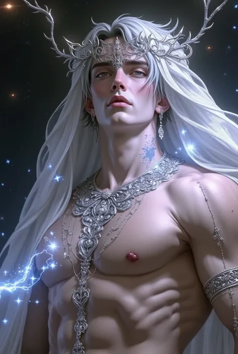 (masterpiece, best quality:1.2), 1men, solo, god of universes, mighty look, seductive look, galaxy background, white veil, sliver custom, galaxy details, divine, superior, halo, muscular chest, reveal muscular chest, short hair, middle part hair, earrings,...