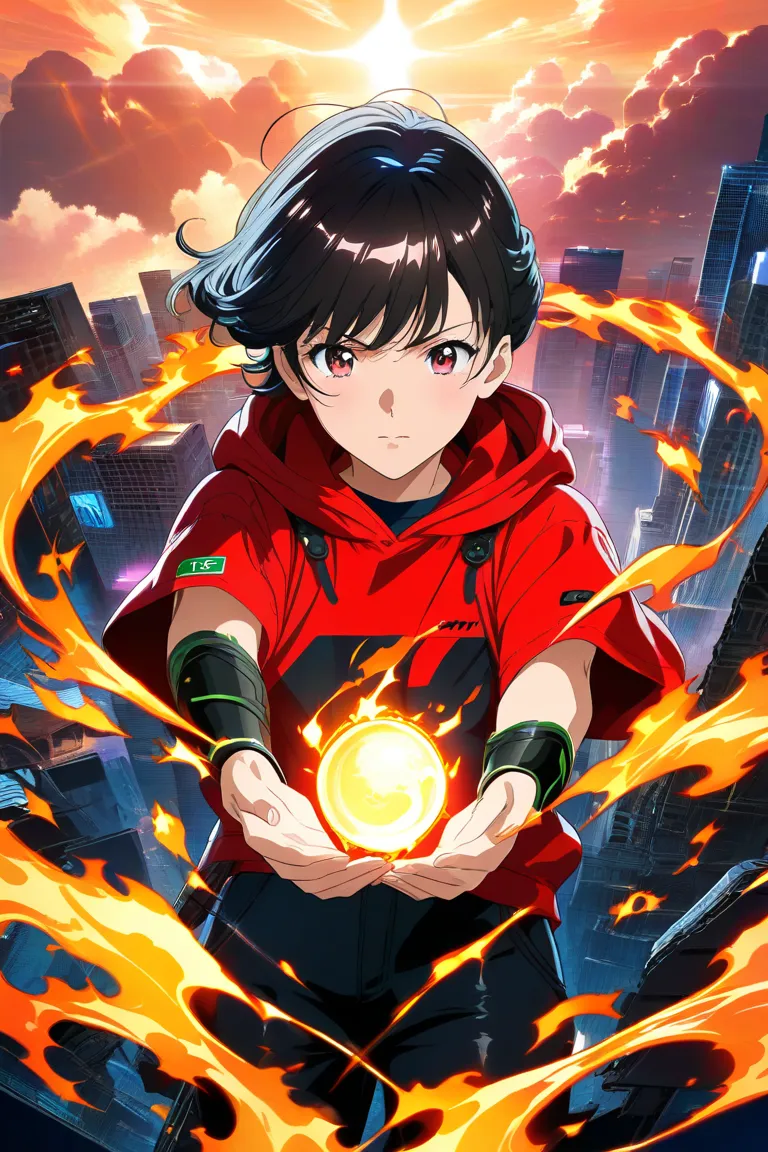 A 3d anime guy with curly full black hair wearing a red hoodie and technological long bracelet holding a power ball like the sun with fire aura around him