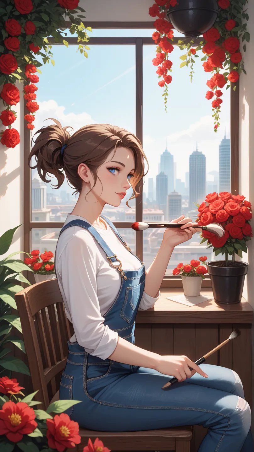 A digital illustration shoot from the side about a young woman with tattoos sitting in front of a window surrounded by red flowers. the image also shows a serene atmosphere. on the middle of the image, a 20-year-old woman with light skin, brown hair styled...