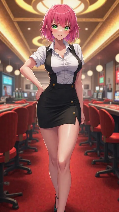  anime　pink hair　short hair　 green eyes　Big Breasts　黒のcasinoのディーラー服　 skirts are short　 black high heels　casino　full body　 white short sleeve Y shirt 　 anime