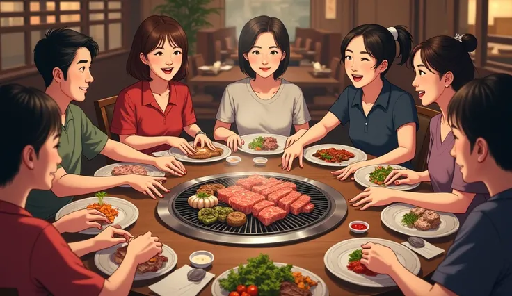 
A group of people are eating Korean barbecue