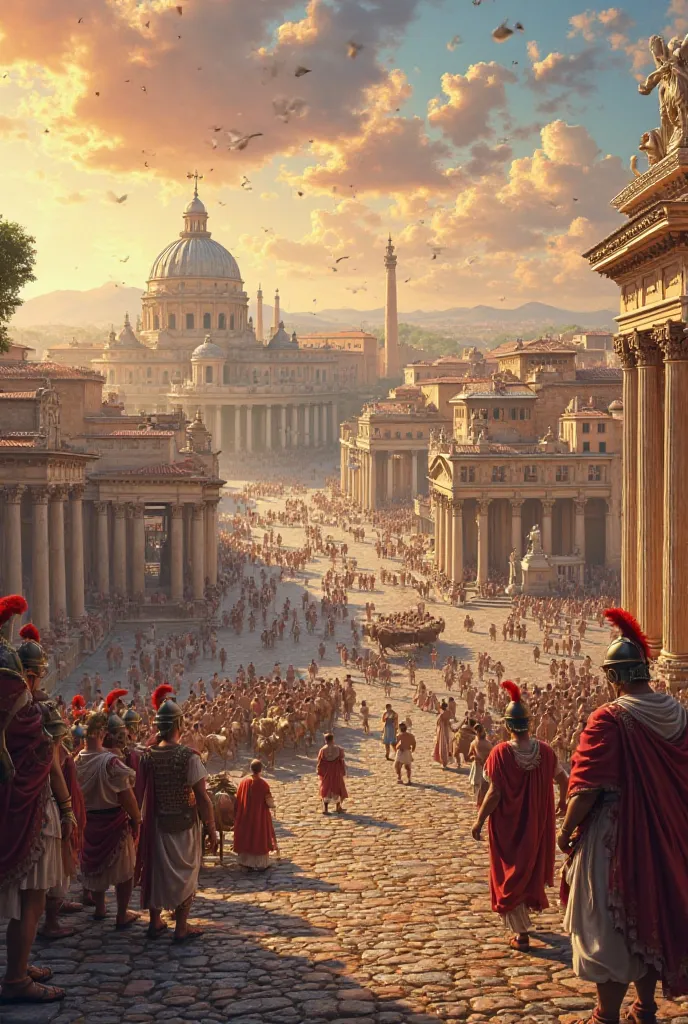 "Create a detailed image of ancient Rome, showing iconic landmarks like the Colosseum, Roman Forum, and Pantheon. Include Roman soldiers in armor, citizens in traditional attire, and chariots on bustling streets. The background should feature Roman archite...