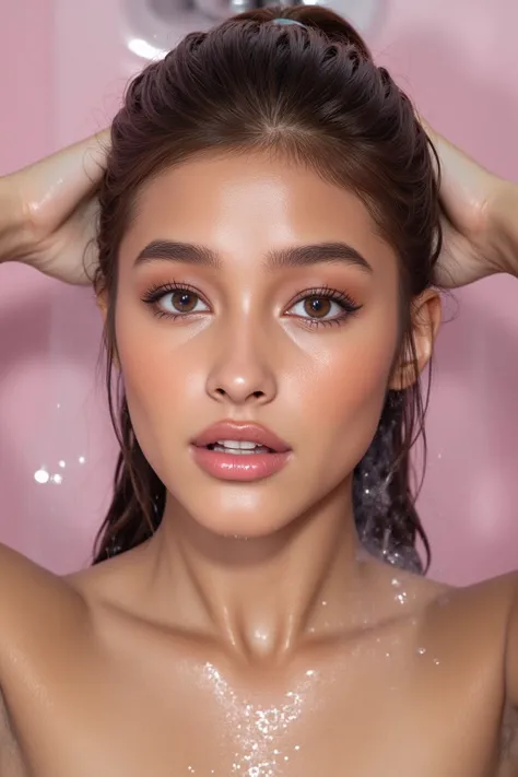 a beautiful woman taking a shower ,(looking up),(view from above),(above camera view),water splash on her face and body,wet hair, wet body,liza soberano ,medium breasts,pinkish nipples,hard erect nipples, brown eyes, sexy body ,standing,enticing viewer,fog...