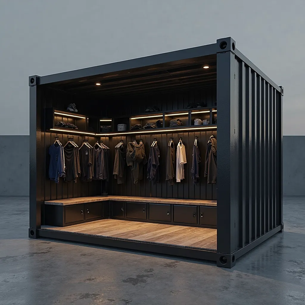 Créer un vestiaire sportif, construit dans un container maritime rectangulaire de couleur noir, vue exterieure