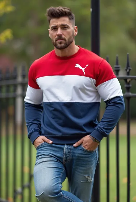 Handsome and muscular man,  big breast,  Strong and muscular legs, big bump , jeans ,  large lump in the crotch , Puma two-tone sports sweatshirt, trendy red and white and blue, with a beautiful park, Masterpiece of a fence leaning on a very handsome Latin...