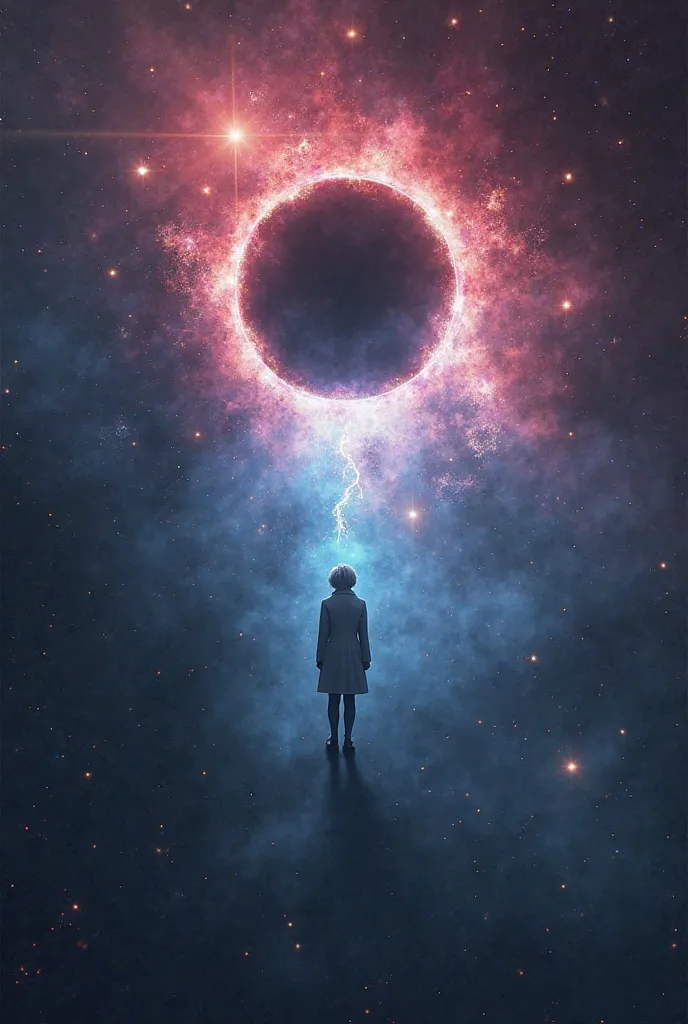 Creating a cosmic image, red black hole, blue white hole, melancholy mood, lonely, there is a silhouette of a figure with white pants that is drifting between space "Image Description : 

outer space: A deep dark background, with glittering stars and faint...