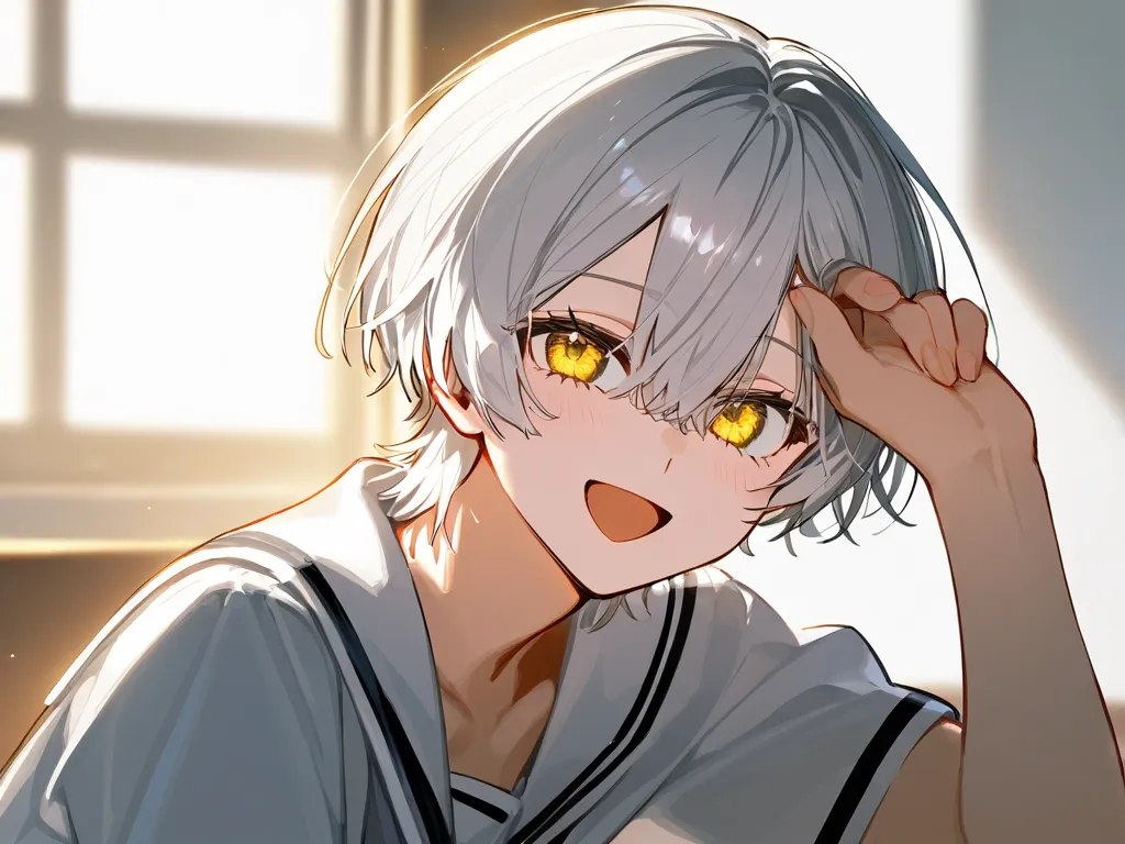 White background, vtuber, beautiful    (Chinese artist account watermark) yellow eyes yellow eyes dark oranyee seyes, man with very red short  hair,  A handsome with short dark avocado gray-white hair, wolf cut style, narrow eyes, handsome and beautiful fa...