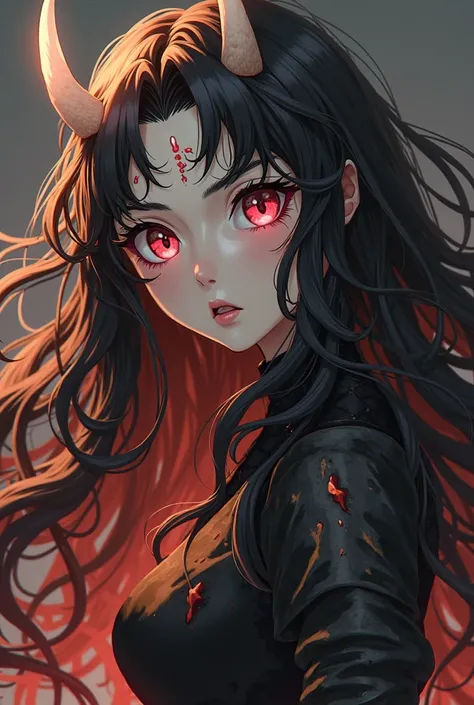 Nezuko the demon, have long wavy black to orange hair. She grows a short white horn on the right side of her forehead, designed with an irregular crack pattern, along with vein-like patterns in her forehead near her horn. She has a vein-like pattern around...