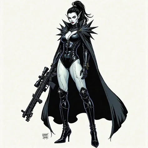 full-body illustration female warrior standing pose, wielding a black western lever action rifle with glowing white veins. She has pale skin, pointy ears, white eyes, and a black hair high ponytail. She wears a spiked black armored bodysuit, high-heeled bo...