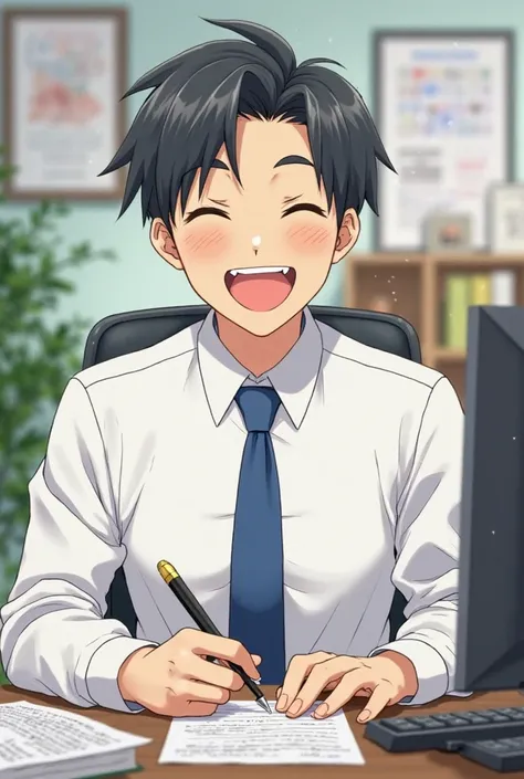 A man who is sitting at his desk and feeling happy, and wearing white and blue clothes, wearing a tie, black hair, and his visual type is anime and is about , and makes various expressions.