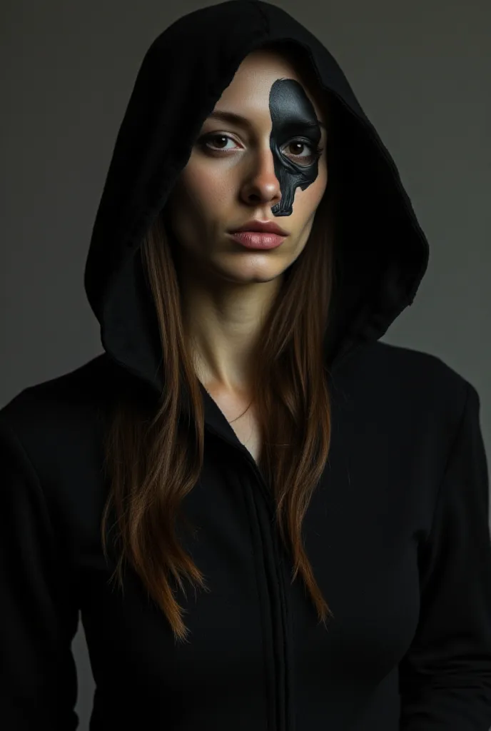 Beautiful Slavic woman de Ville with half skull. muscular. black clothing.  long light brown straight hair, pale white skin, Death Style. in the studio. studio light. athletic. Full-length. model pose, BLACK HOOD