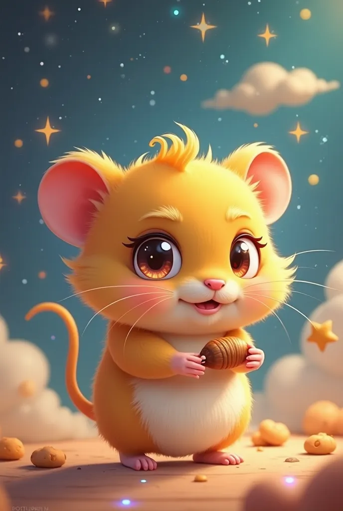 A cute golden hamster with shimmering yellow fur, in a vibrant cartoon style, huge sparkling mischievous eyes with a sly wink, chubby cheeks puffed with a sneaky grin, playfully balancing on hind legs while juggling a tiny stolen nut, head tilted with a ch...