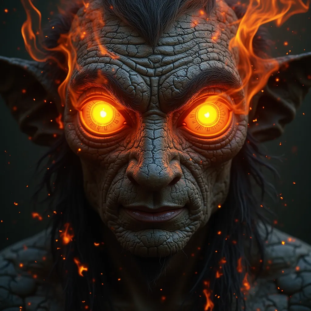 creates an image of a face of a being with big eyes of fire, The nose is a membrane and the mouth is like a long smile like a cut to the ears it has skin like volcanic rock with strange runes tattooed, He is surrounded by black flames that make his hair