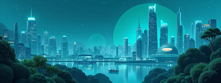 Teal, cityscape,Skyline,Full range projection,Glowing plants,night