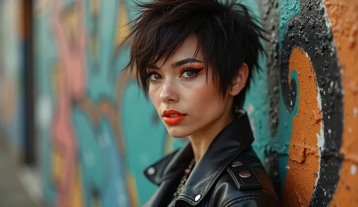 A bold portrait of a 27-year-old brunette woman with bright orange-red lipstick, dramatic winged eyeliner, and short spiky hair. She wears a leather jacket and stands against a graffiti-covered wall, exuding edgy confidence. High contrast lighting, gritty ...