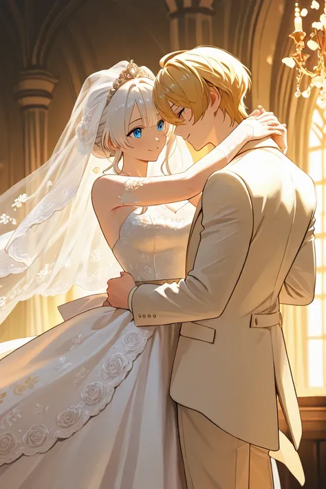 "A beautifully romantic wedding scene featuring a newlywed couple gracefully dancing together. The groom has golden blonde hair, neatly styled, and wears an elegant white and gold wedding suit with intricate embroidery. The bride has short, silky white hai...