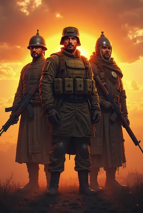 The image features three warriors standing side by side, symbolizing the military legacy of Uzbekistan, set against a dramatic sunset background. The central figure is a fully equipped modern Uzbek soldier, while the two warriors on either side are from th...