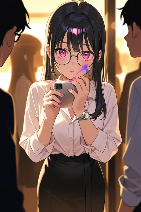 ((best quality)), ((masterpiece)), 1girl, black hair, pink eyes, manicure her nails with nail polish, megane, watch in right hand, hair flow