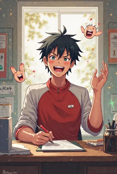 A man who is sitting at his desk and feeling happy, and wearing red and white clothes, black hair, and his visual type is anime and is around , and makes various expressions.