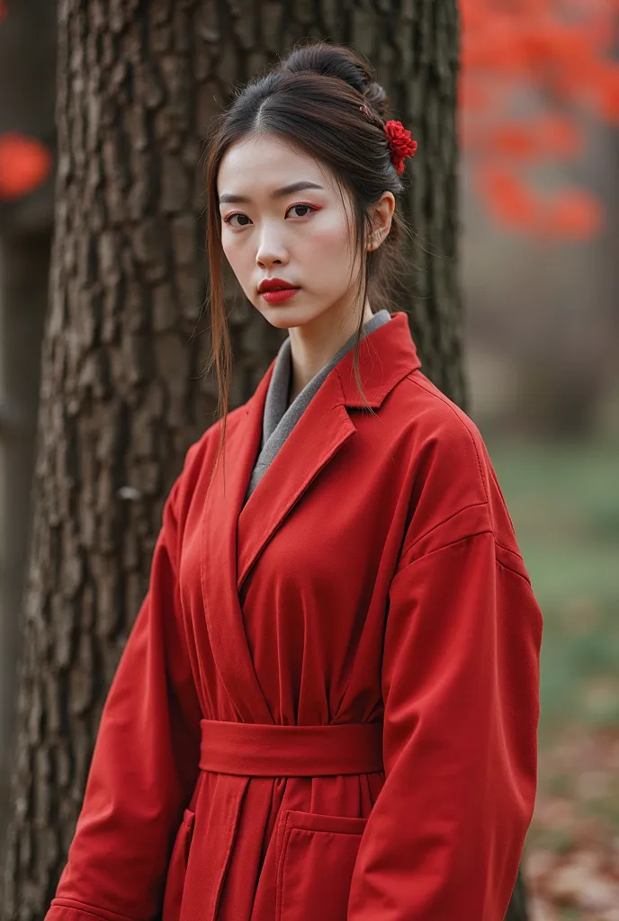 araffe woman in red coat standing in front of a tree, a portrait inspired by Ma Yuanyu, shutterstock, shin hanga, red coat, red fabric coat, style of yoshii chie, fine details. red, sha xi, photo 85mm, red leather short coat, rin, full-shot, full - shot