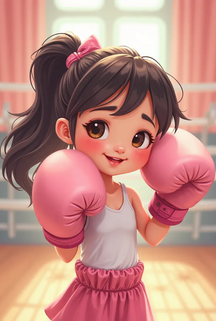 Dino tender girl, with light pink boxing gloves in a cute cartoon 