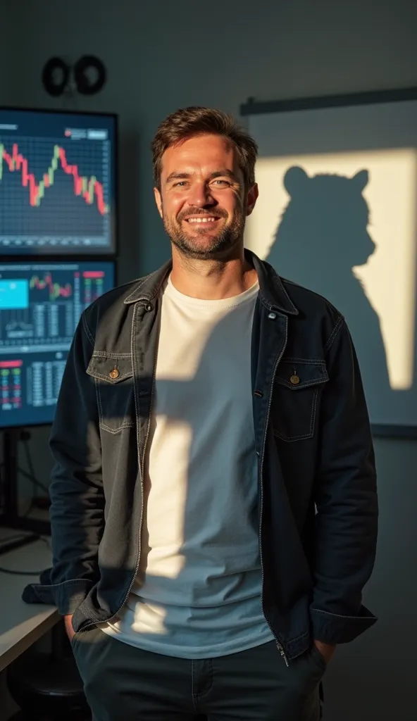 a man with a smirk is standing in the room, and his shadow shows the silhouette of a bear,  The man is dressed in casual clothes , ((Bear shadow )), in the background with graphics and monitors and indices, High definition, Точность, HD model,  in detail, ...