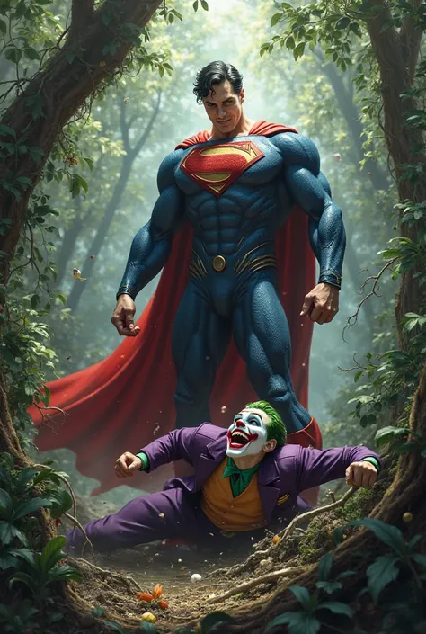 Superman throws Joker to the ground with his power, the jungle behind them