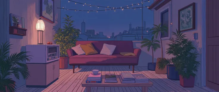 Rooftop at night、nighttime scene、outside of house、with no people、Calm and meditative atmosphere、houseplant、Lo-fi atmosphere、String Light、Cozy sofa、Pink radio with retro design、Hot coffee on the coffee table、Warm blanket、 books、There is an acoustic guitar、