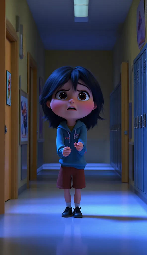 Create a Disney Pixar style close-up shot of the student standing in the hallway, frozen in thought. The subject is placed center frame, their eyes wide and hands clenched. The point of view is from the front, and the lighting should be dim, with shadows c...