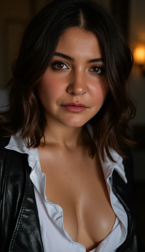 Generate a ultra realistic close up front image of a woman in a leather jacket and white shirt. The shirt is unbuttoned at the top exposing her bra.